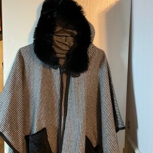 Elegant Black and White Hooded Poncho